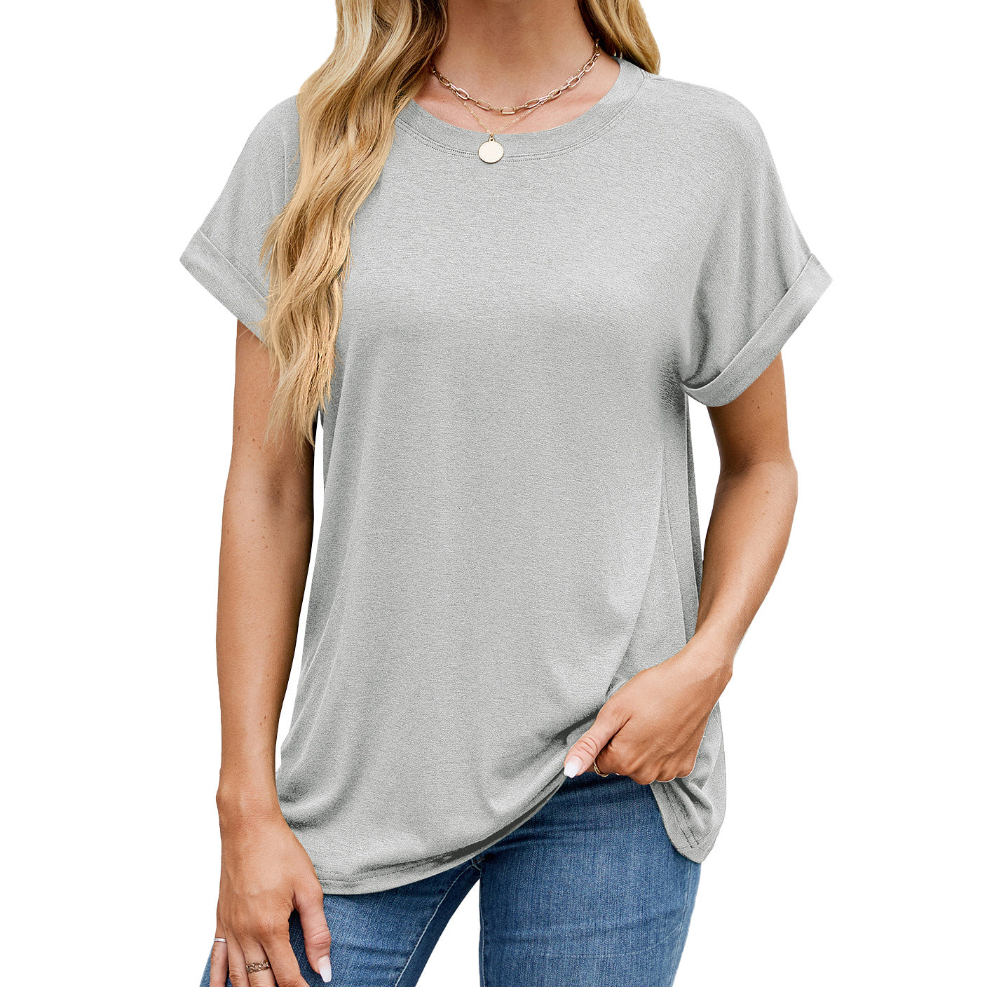 Fudus Basics: Einfarbiges, lockeres Rundhals-T-Shirt