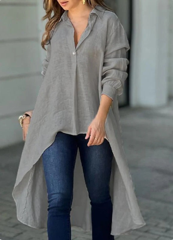 Damen Lässige Langarmbluse mit asymmetrischem Schnitt und Knopfdetails ModeGeist