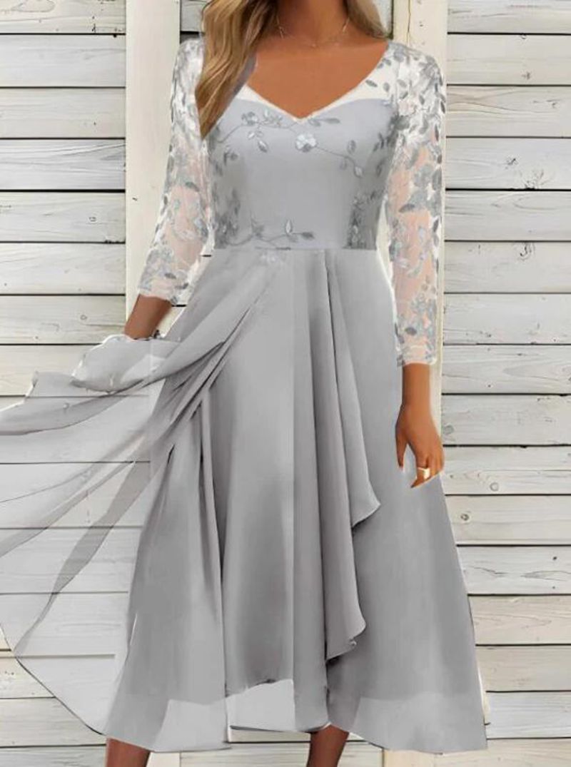 Asymmetrisches Abendkleid für Damen mit Spitzenärmeln und Blumenmuster von MODEGEIST