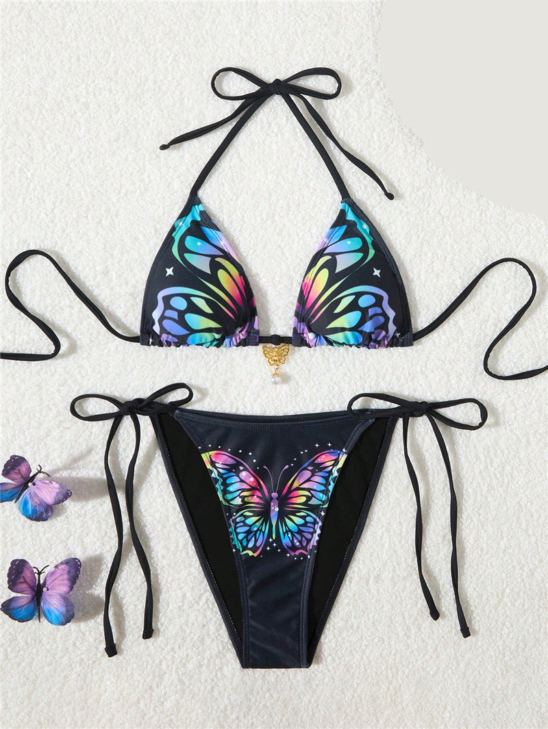 Modischer Dreieck-Bikini für Damen mit farbenfrohem Schmetterlingsmuster und doppelten Bindebändern
