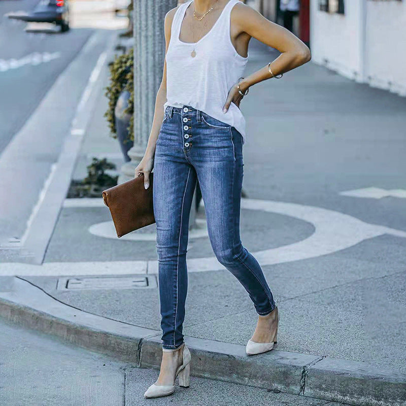 MODEGEIST Damen Jeans mit hoher Taille, Knopfverschluss und eleganter Passform