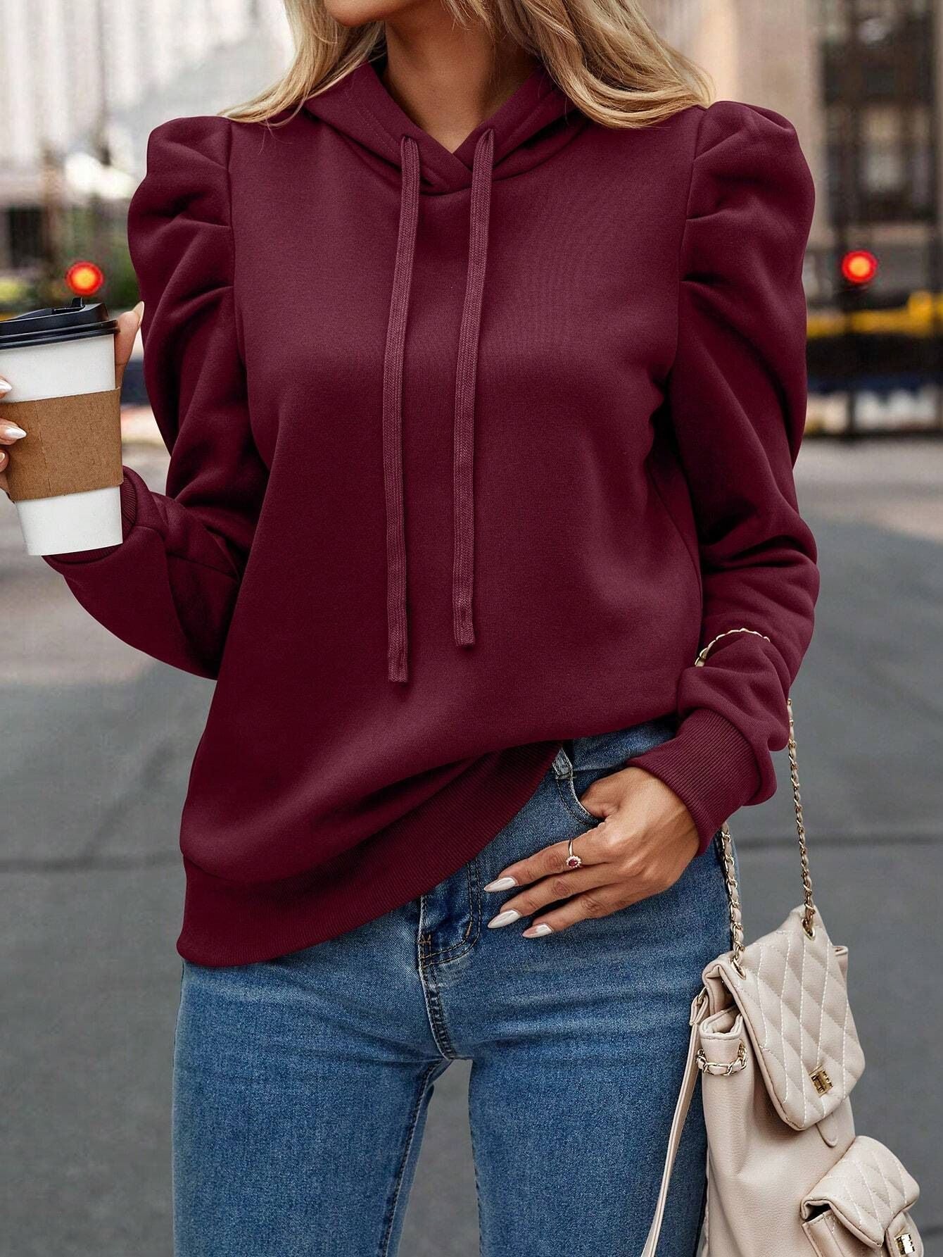 Damen lässiger Kapuzenpullover mit Puffärmeln ModeGeist