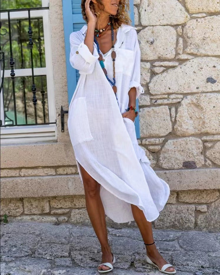 Modisches Damen-Sommerkleid mit langem Schnitt, asymmetrischem Saum und Taschen