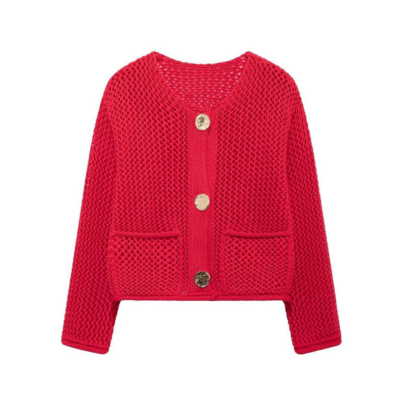Damen luftige Strickjacke mit durchbrochenem Muster und praktischen Taschen ModeGeist