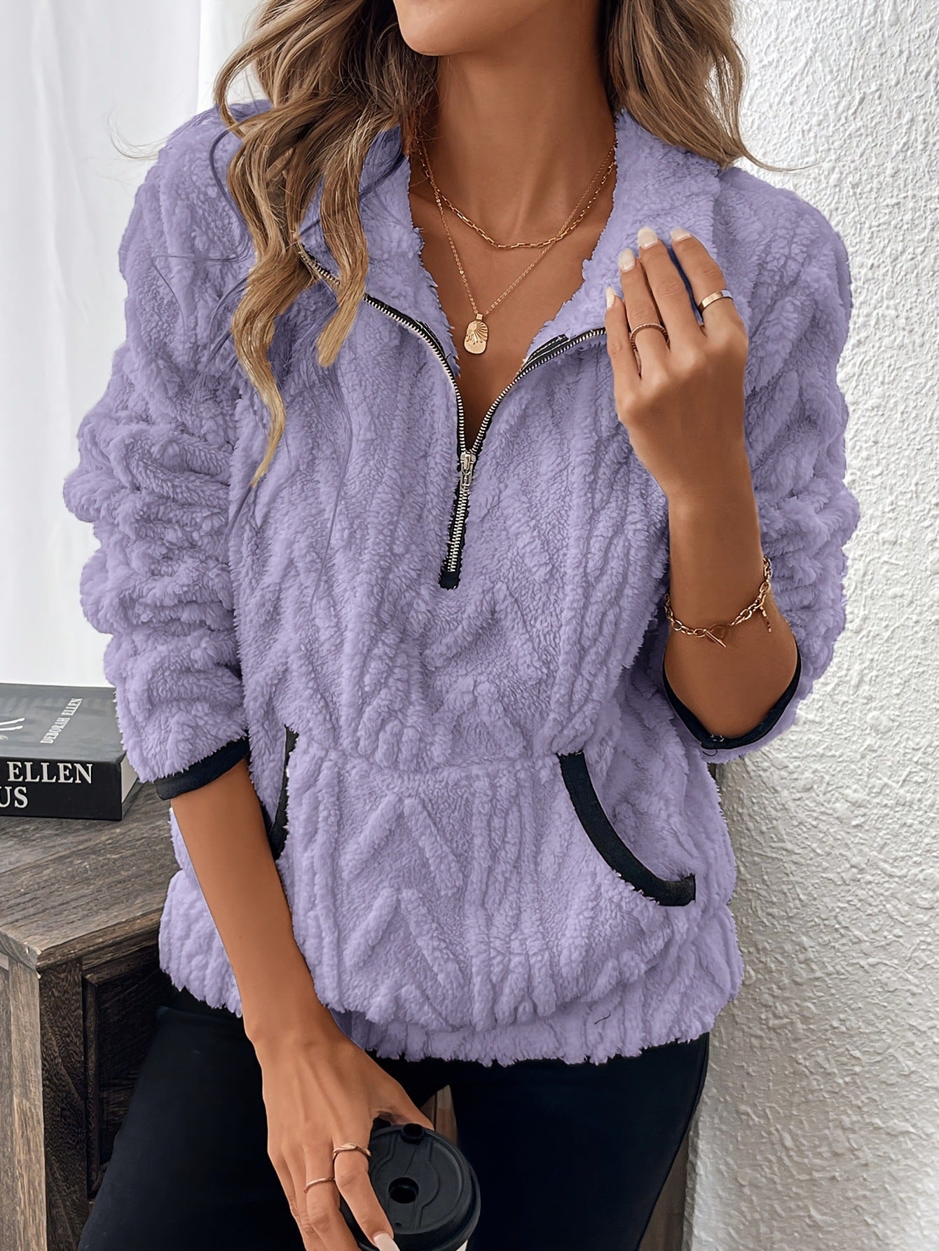 Damen weicher und bequemer Fleece-Pullover mit halbem Reißverschluss ModeGeist