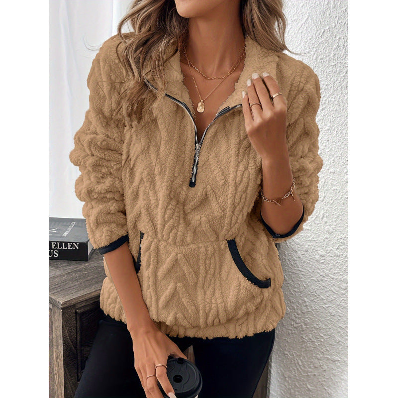 Damen flauschiger Teddy-Pullover mit halbem Reißverschluss und hohen Kragen ModeGeist