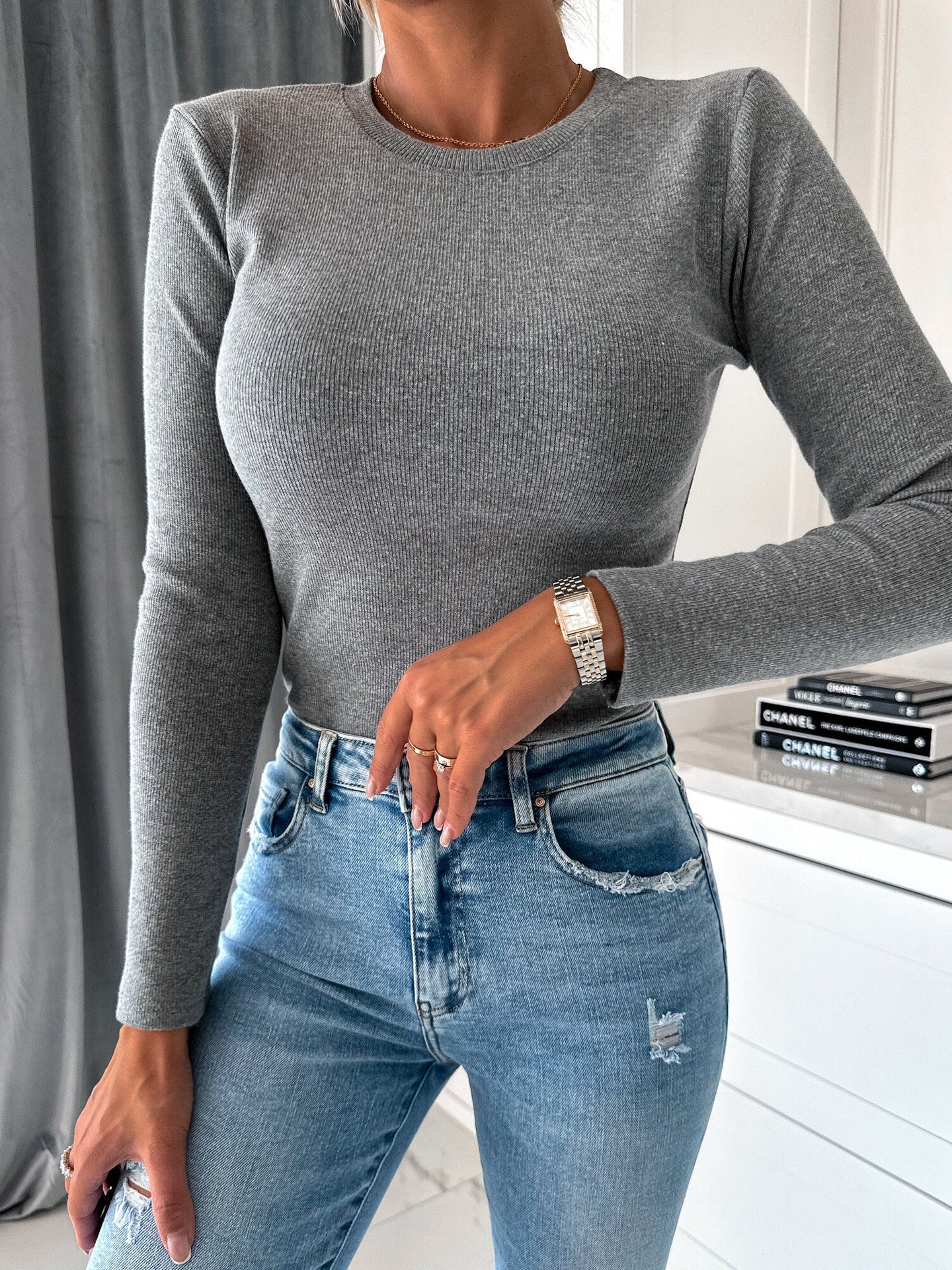 Damen Langarm-Shirt mit strukturierter Oberfläche und figurbetonter Passform ModeGeist