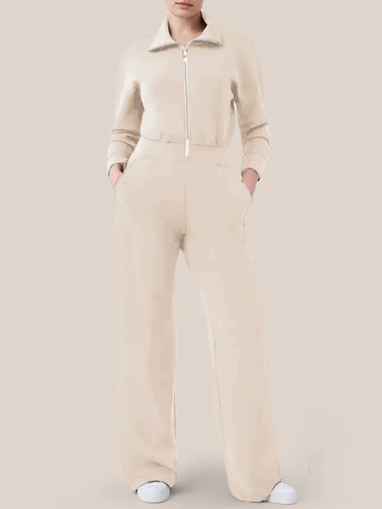 Damen Luxuriöser Lounge-Jumpsuit mit elegantem Stehkragen und praktischem Reißverschluss ModeGeist
