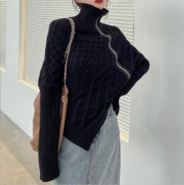 Damen hochwertiger Strickpullover mit hohem Kragen und asymmetrischem Design ModeGeist