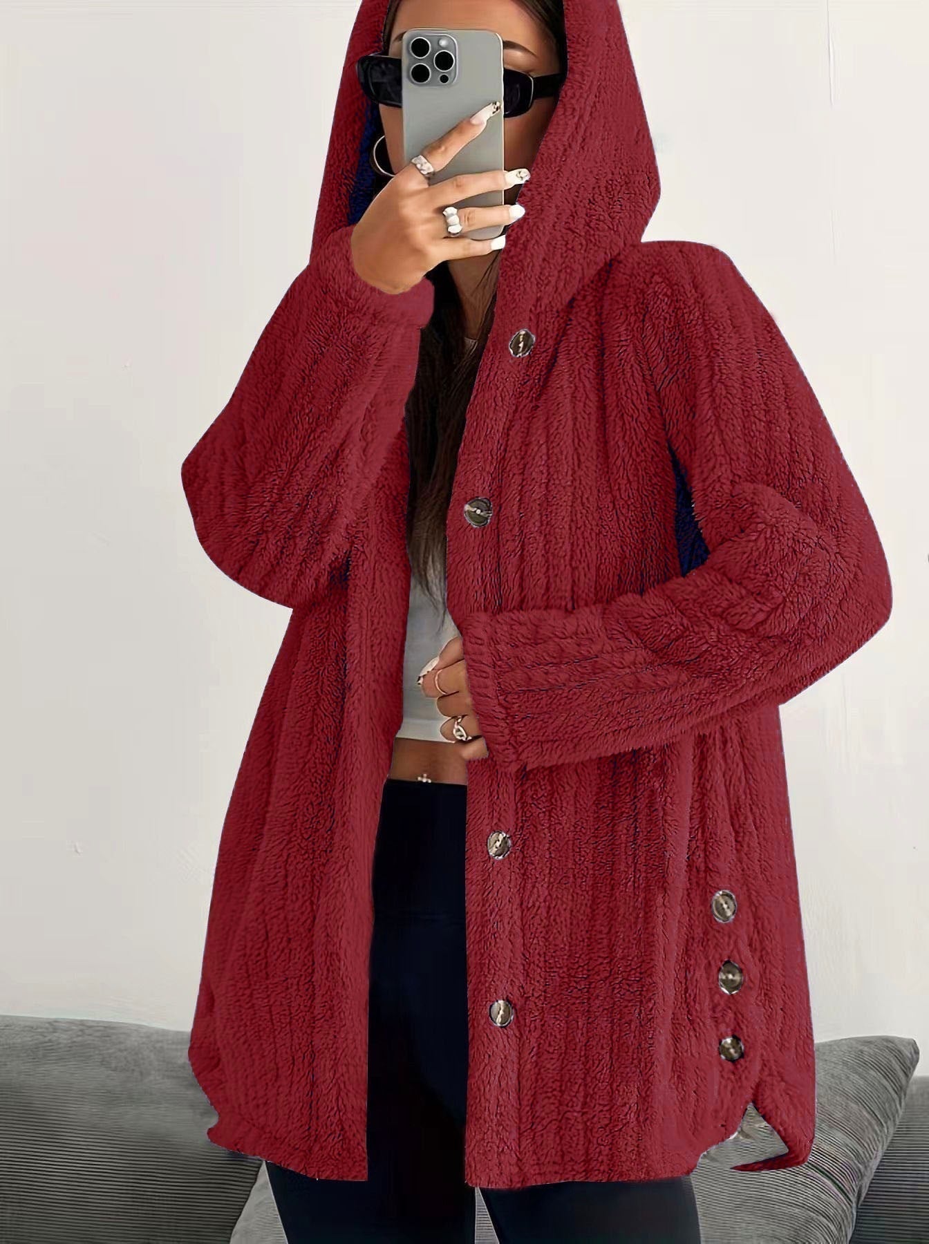 MODEGEIST Damen Kapuzen-Cardigan Lange Ärmel Vordertaschen Winter