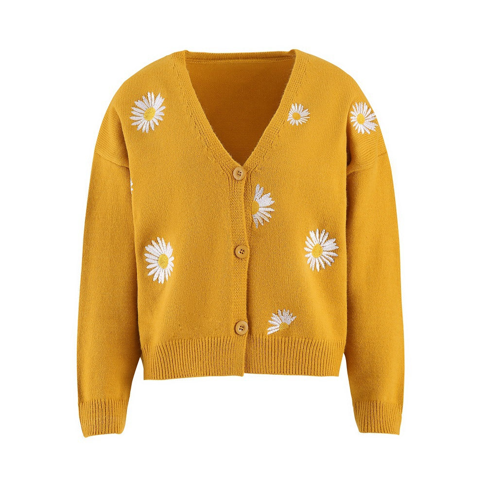 Damen Strickjacke mit Blumenstickerei und V-Ausschnitt ModeGeist