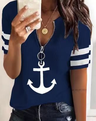 Damen maritim inspirierter Kurzarm Pullover mit Reißverschluss und Anker-Motiv ModeGeist
