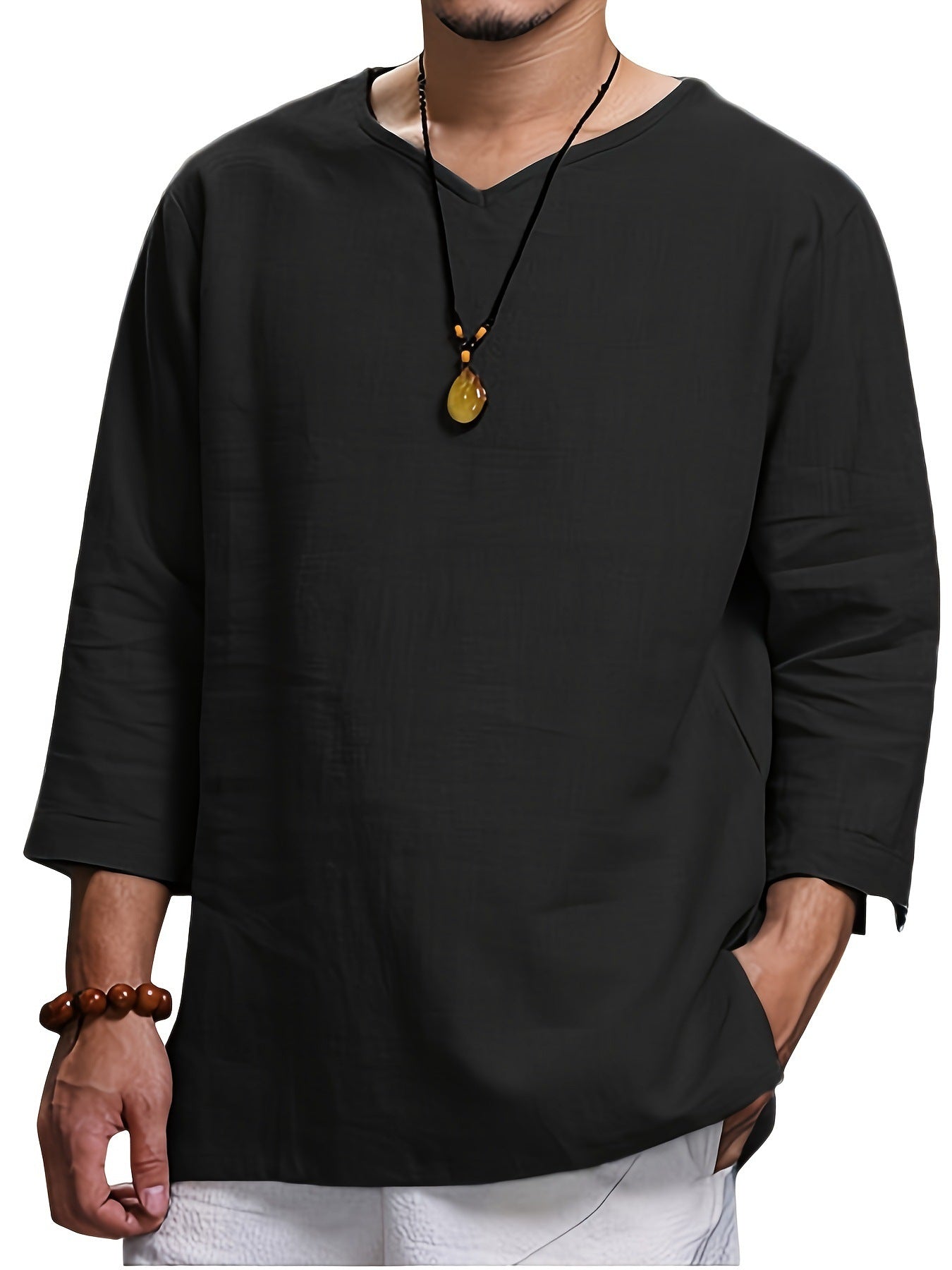Herren Lässiges Langarmshirt mit V-Ausschnitt und praktischen Seitentaschen ModeGeist