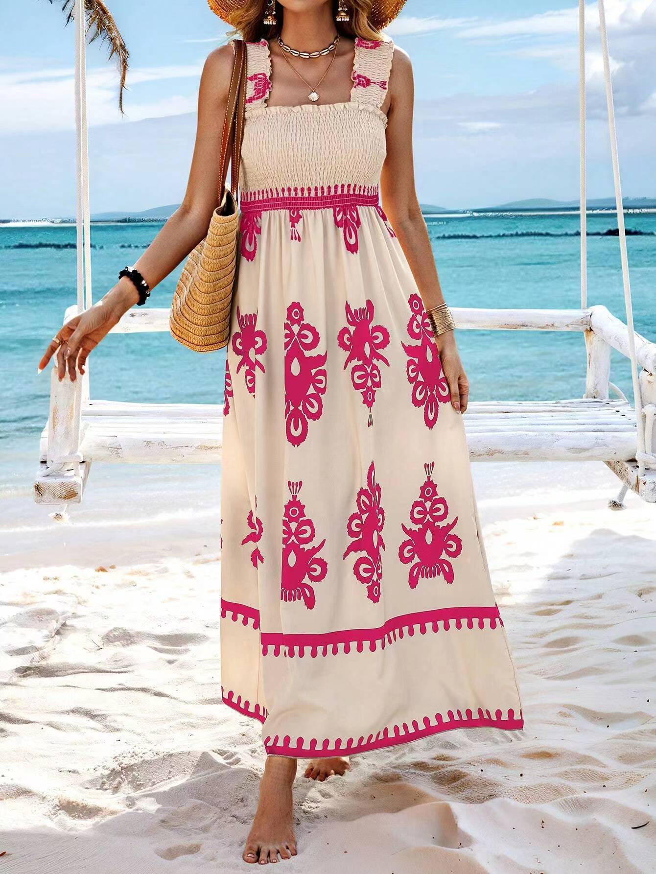 Maxikleid für Damen mit floralem Ikat-Print und weitem Rock von MODEGEIST