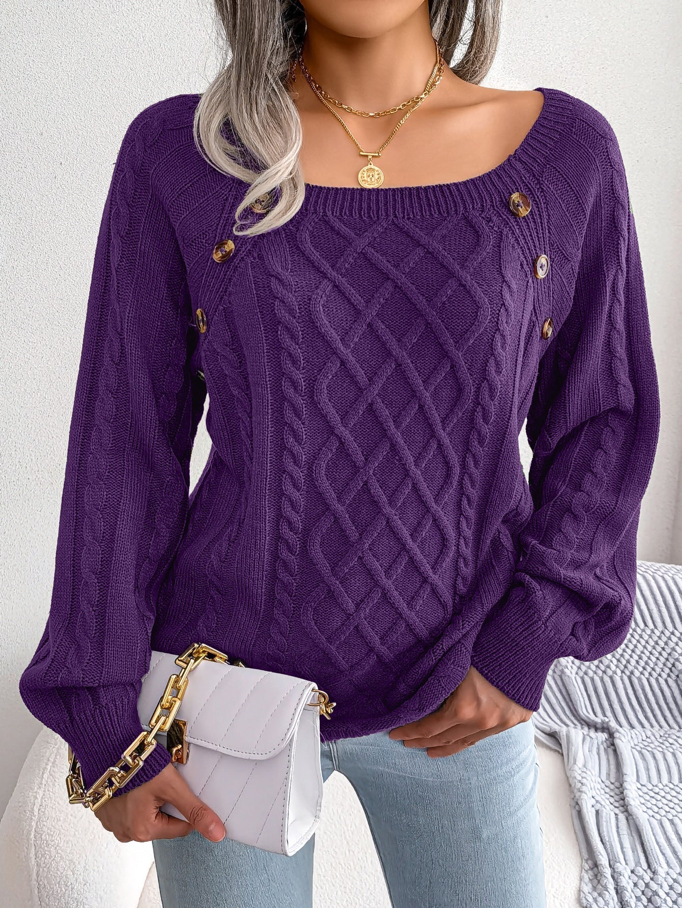 Damen-Pullover mit Rautenmuster und quadratischem Ausschnitt