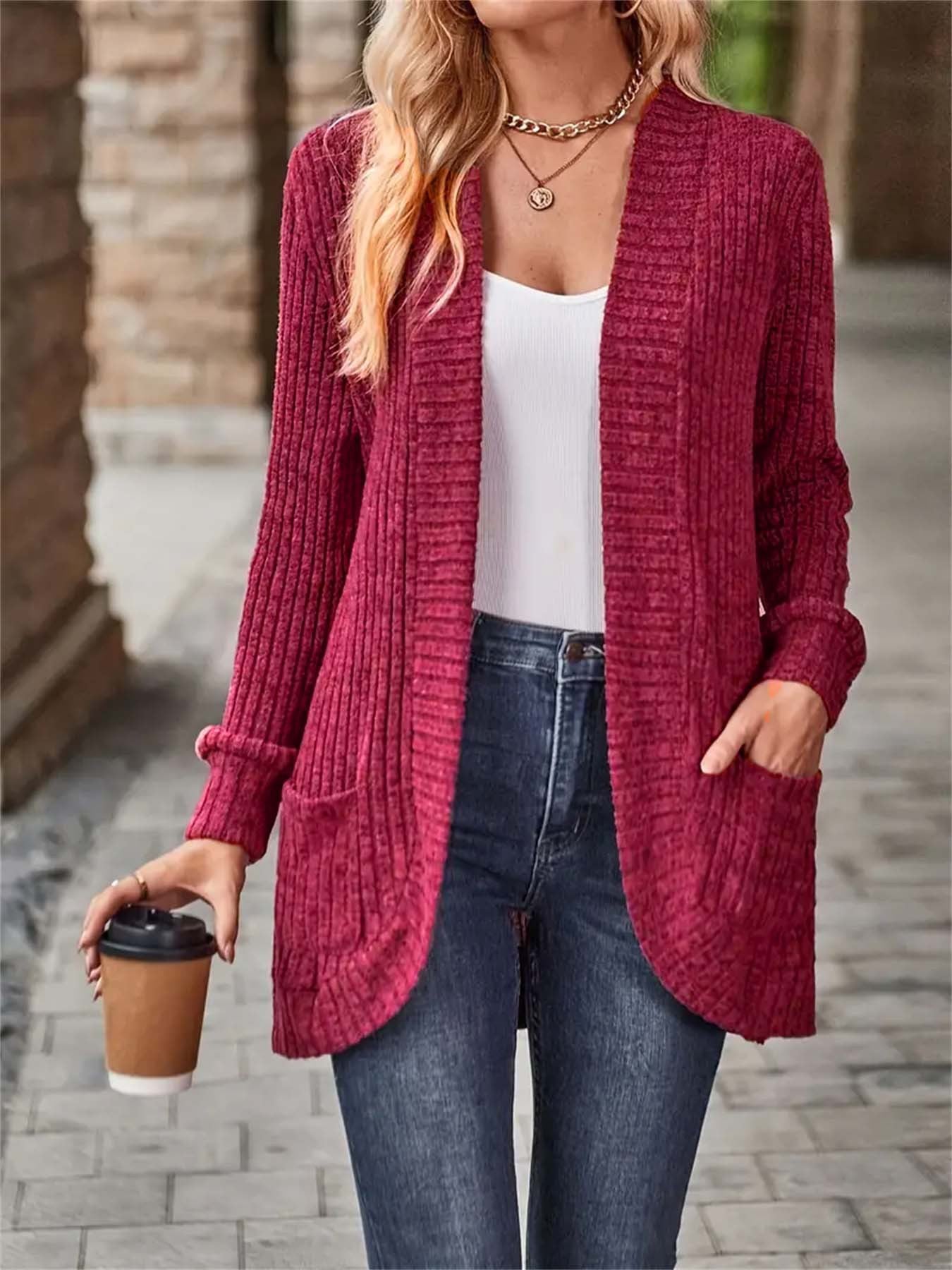 Damen offene Strickjacke mit strukturierter Oberfläche und praktischen Taschen ModeGeist