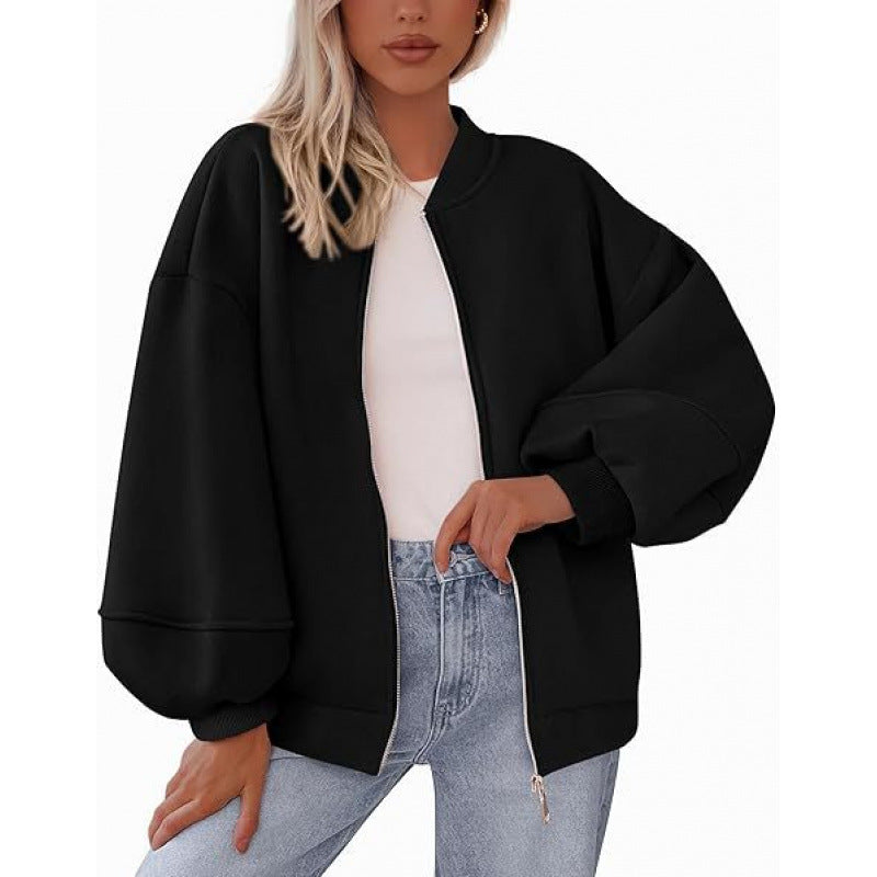 Damen lässige Oversized-Jacke mit Reißverschluss und ballonen Ärmeln ModeGeist