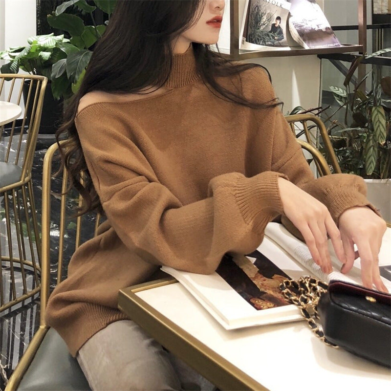 Damen modischer Oversized-Pullover mit schulterfreier Schnittführung und Rollkragen ModeGeist