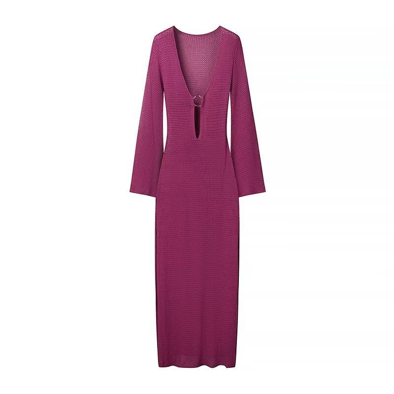 Elegantes Damen-Midi-Kleid mit V-Ausschnitt, langen Ärmeln und Ringdetail von MODEGEIST