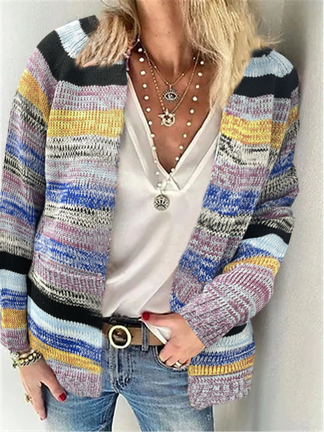 Damen Offen gestrickte Cardigan mit bunten Streifen und lässigem Schnitt ModeGeist