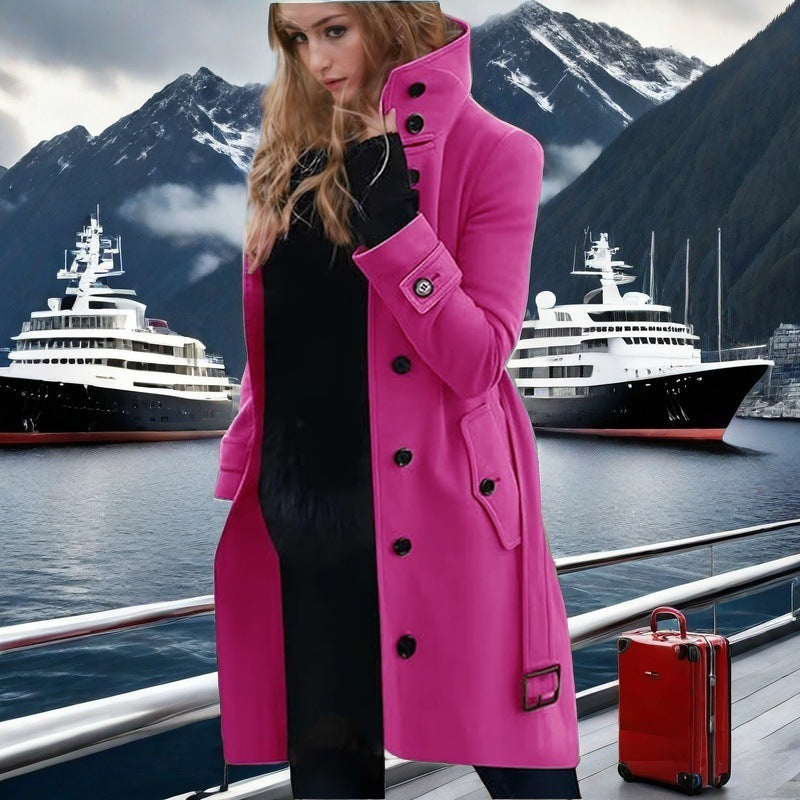 Damen eleganter Trenchcoat mit hohem Kragen und doppelter Knopfleiste ModeGeist