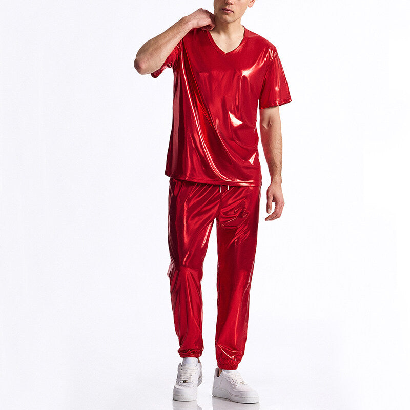 Herren glänzendes Sport-Outfit mit modernem V-Ausschnitt und elastischem Bund ModeGeist