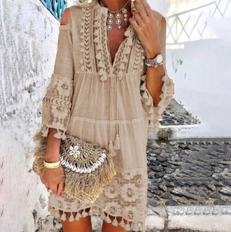 Off-Shoulder Boho Tunic for Women with Lace Details by MODEGEIST