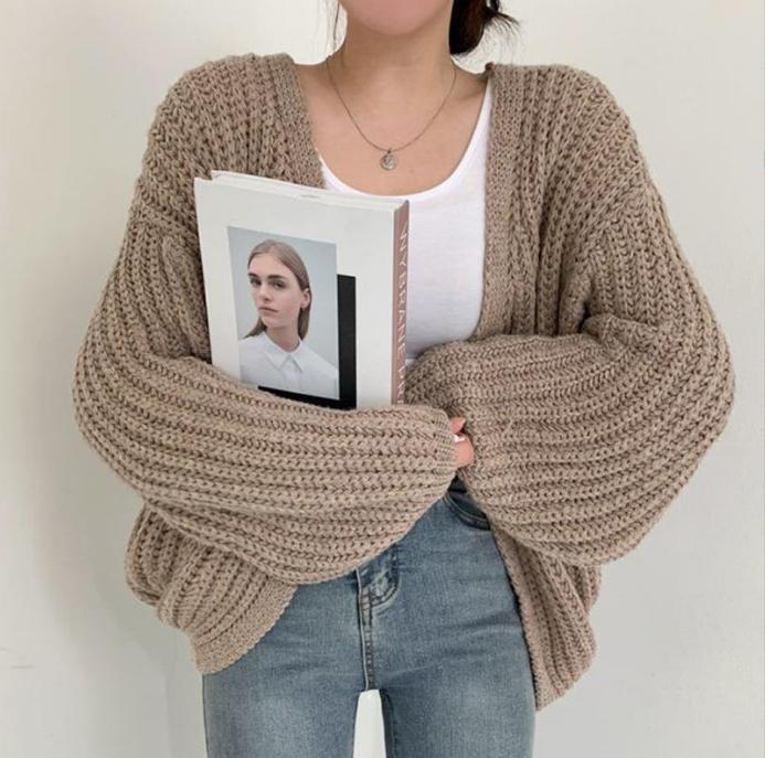 Damen grob gestrickte Oversized Cardigan mit tiefem V-Ausschnitt ModeGeist