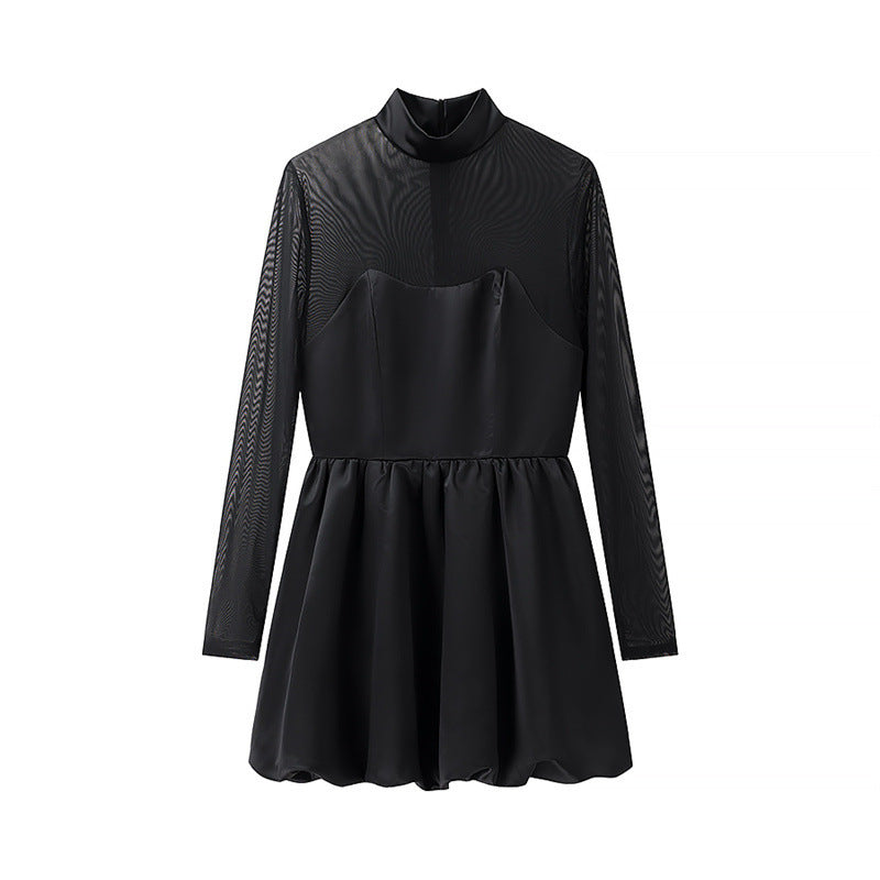 Damen elegantes Minikleid mit transparenten Ärmeln und hohem Kragen ModeGeist