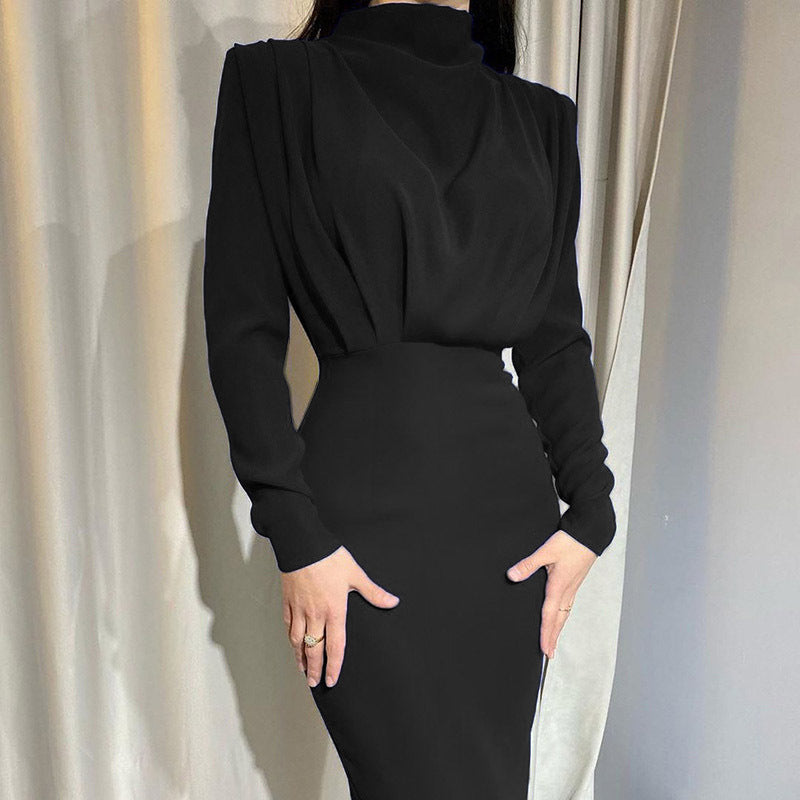 Damen Bodenkontakt Kleid mit elegantem Stehkragen und Raffungen ModeGeist