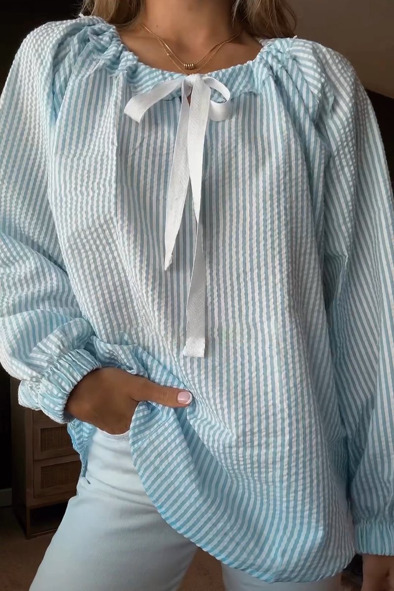 Damen Bluse mit elastischem Ausschnitt und Schleifenbindung ModeGeist