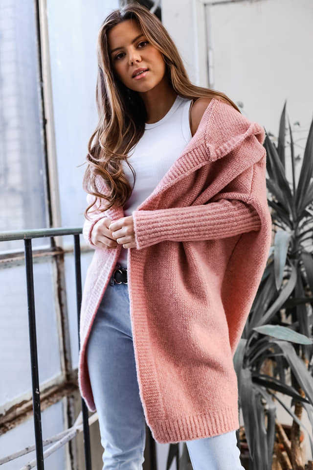 Damen kuschelige Strickjacke mit Kapuze und offenem Schnitt ModeGeist
