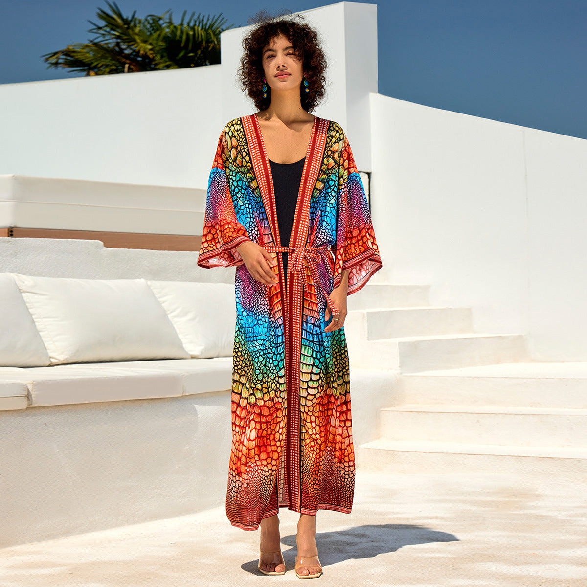 Strandtunika für Damen, lang, buntes geometrisches Muster, Seitenschlitze, MODEGEIST