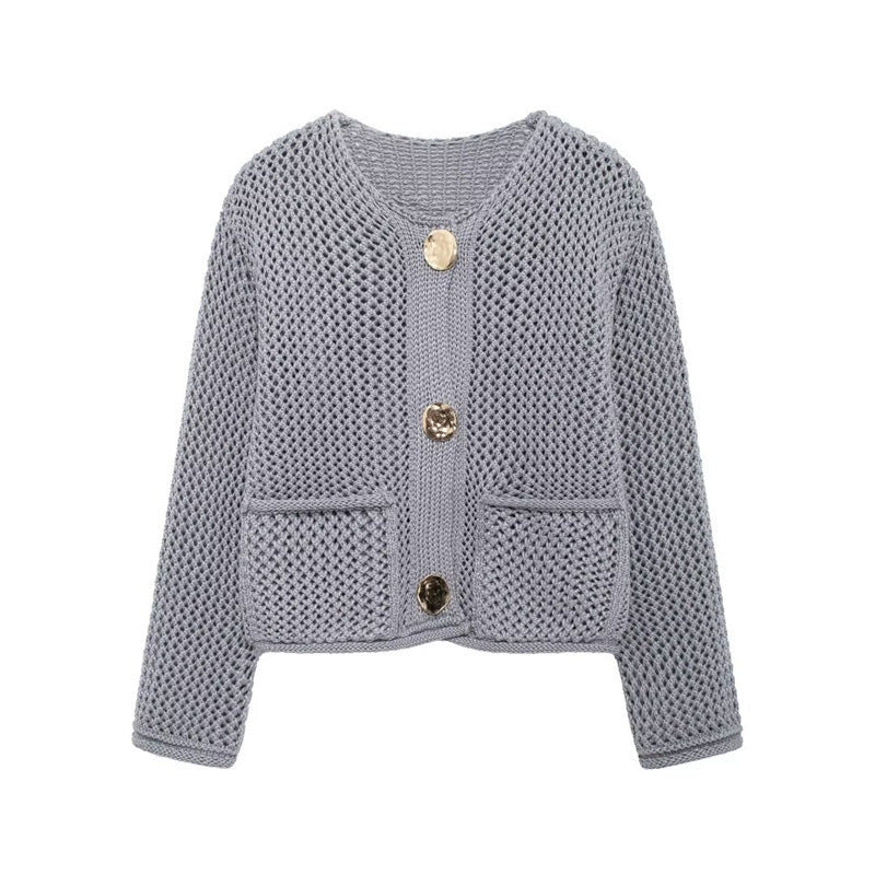 Damen luftige Strickjacke mit durchbrochenem Muster und praktischen Taschen ModeGeist