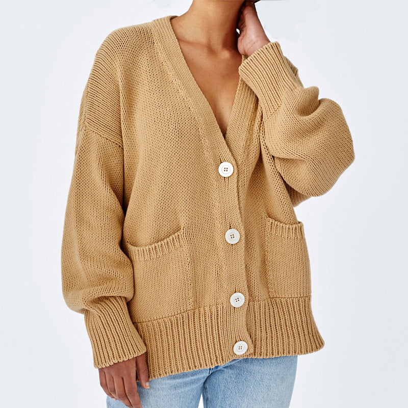 Damen Oversized Strickjacke mit Taschen und V-Ausschnitt ModeGeist