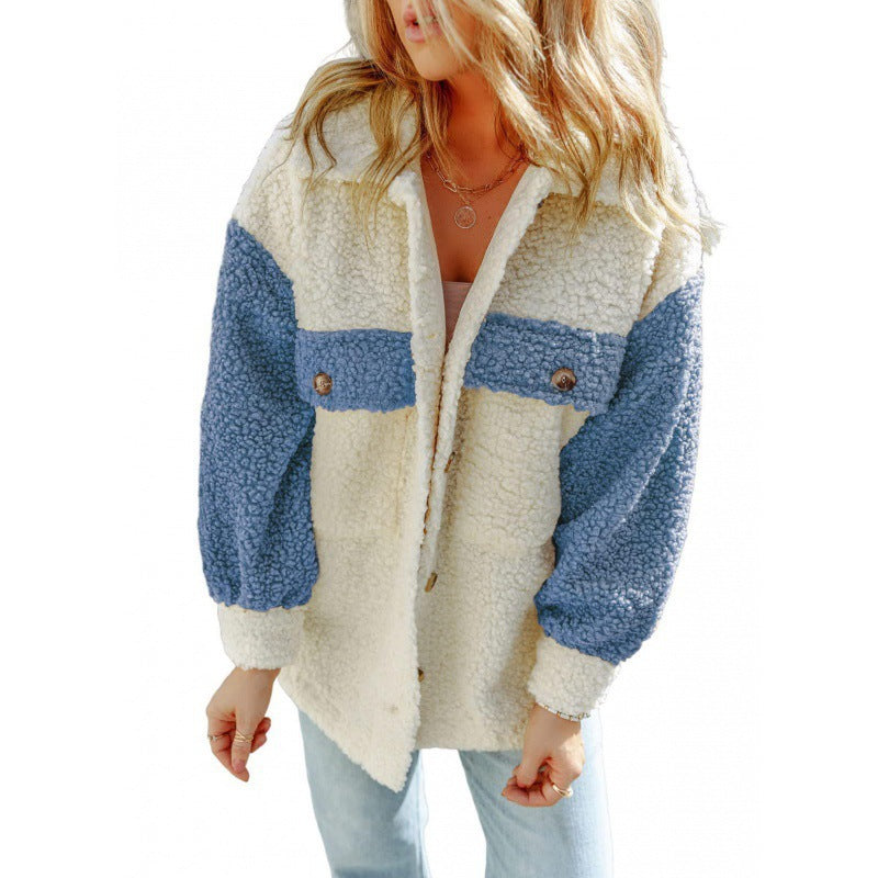 Damen Kuschelige Teddyjacke mit Kontrast-Ärmeln ModeGeist
