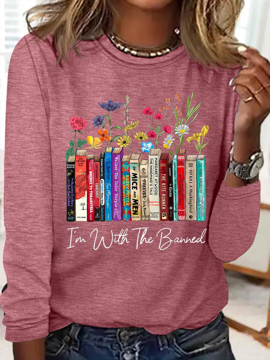 Damen Langarmshirt mit Bücher- und Blumenmotiv ModeGeist