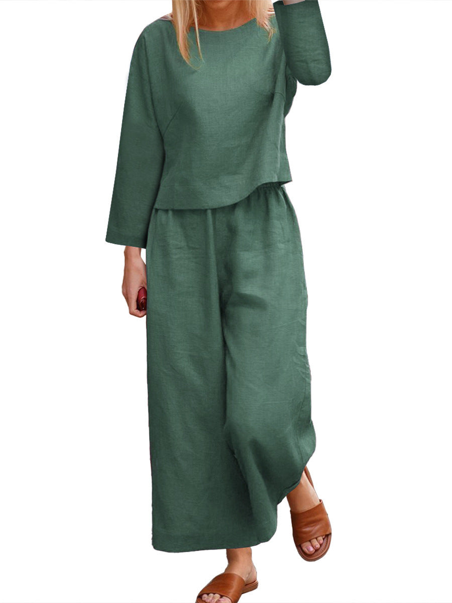 Damen lässiges Leinen-Langarm-Set mit weiten Hosen ModeGeist