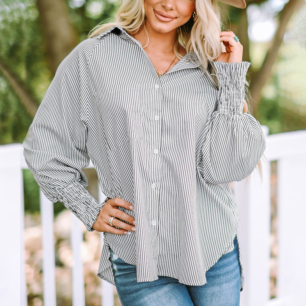 MODEGEIST Damen Oversized Hemdbluse Gestreift Langarm Hellblau Weiß