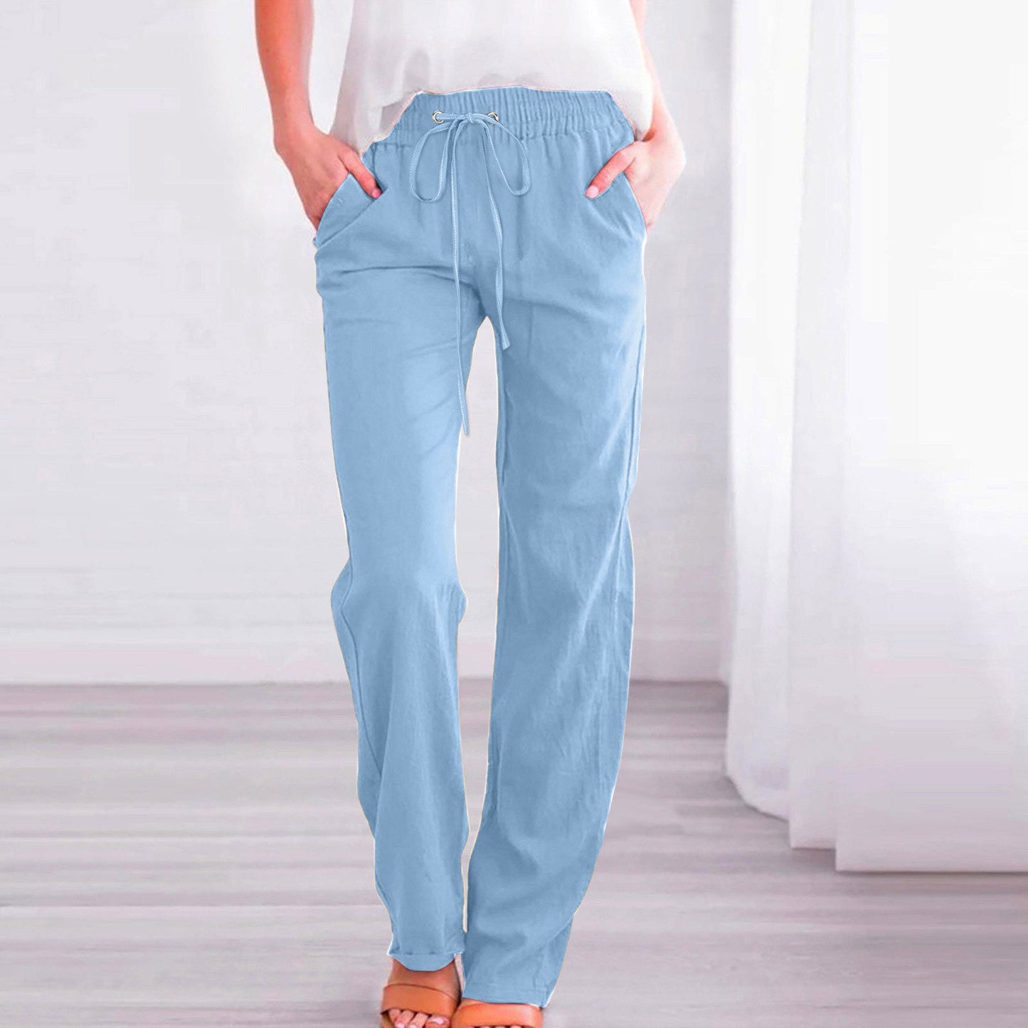 Damen Bequeme Leinen-Hose mit elastischem Bund und Taschen ModeGeist