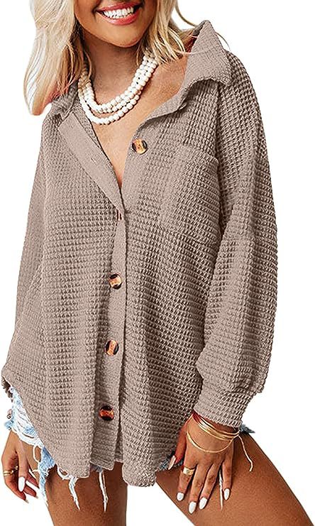 Damen lässige Waffle-Hemdenjacke mit Knopfverschluss ModeGeist
