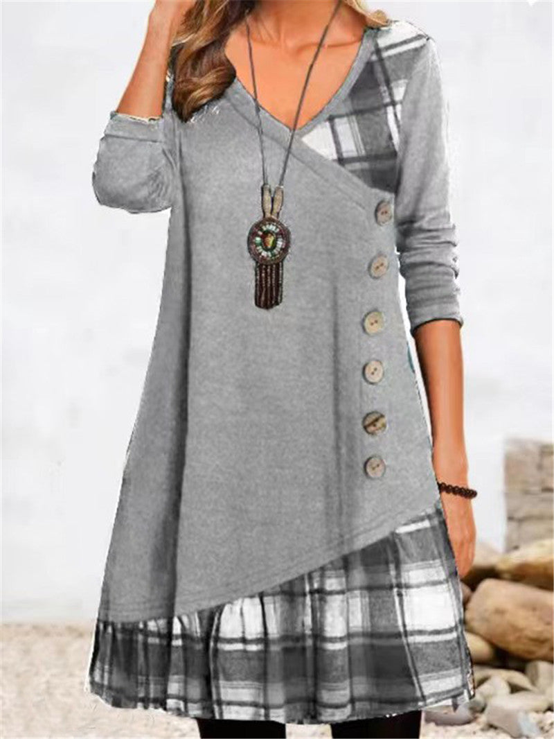 Damen asymmetrisches Freizeitkleid mit kariertem Saum und Knopfdetail ModeGeist