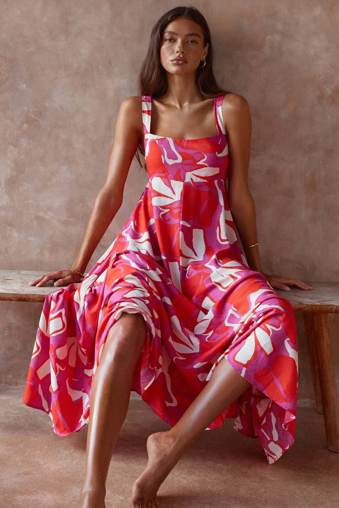Damen Maxikleid mit Blumenmuster und verstellbaren Spaghettiträgern ModeGeist