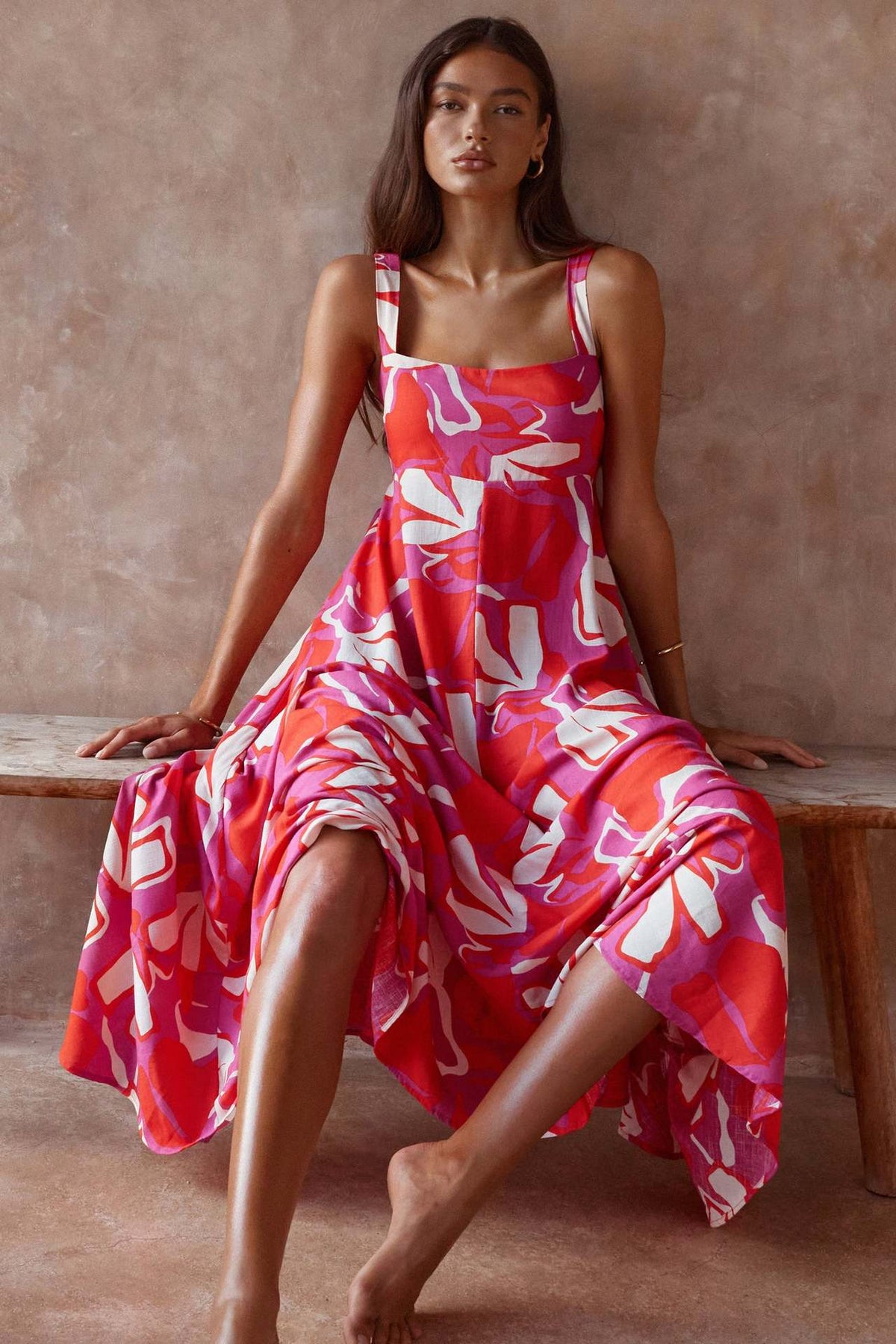 Damen Maxikleid mit Blumenmuster und verstellbaren Spaghettiträgern ModeGeist