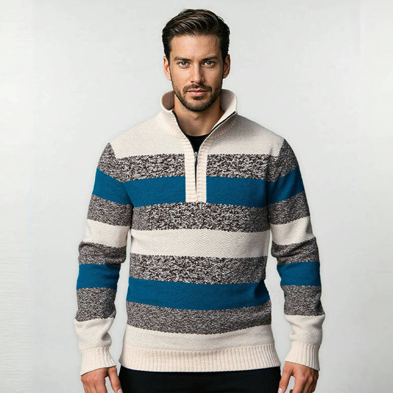 Herren modischer Strickpullover mit halbem Reißverschluss und gestreiftem Design ModeGeist