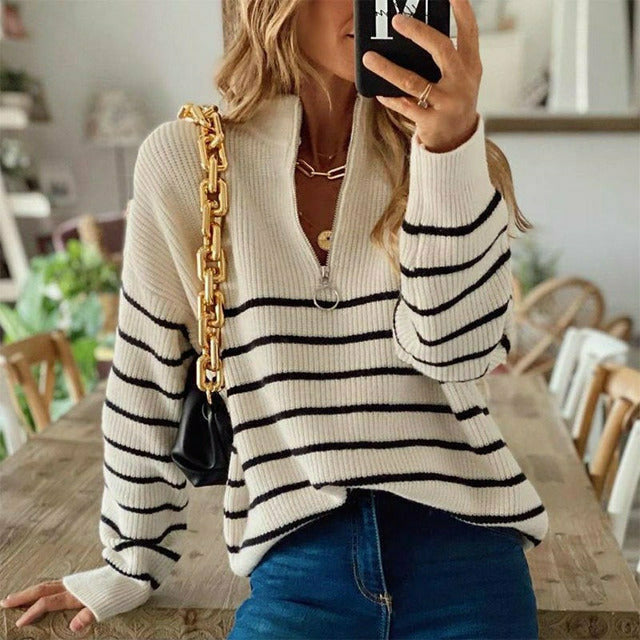 ModeGeist | Pullover - Damen Herbstgestreifter Halb-Zip Strickpullover