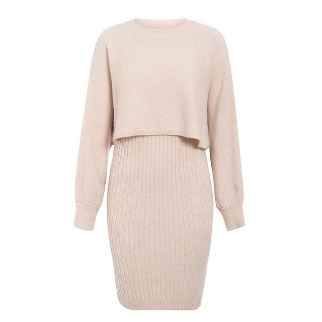 Damen Strickkleid mit kontrastierendem Oberteil und geripptem Rock ModeGeist