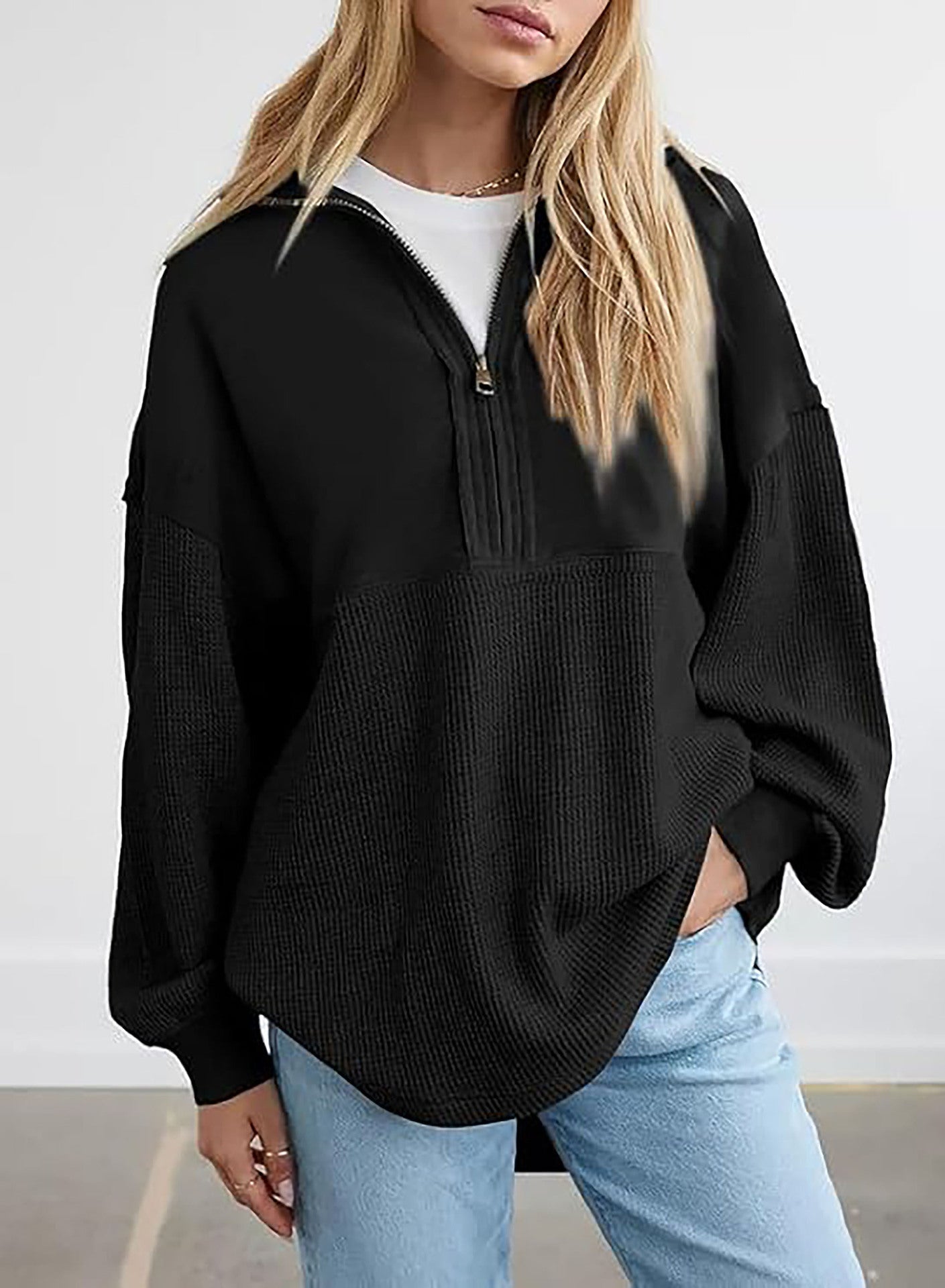 Damen lässiger Kapuzenpullover mit halblangem Reißverschluss und strukturiertem Material ModeGeist