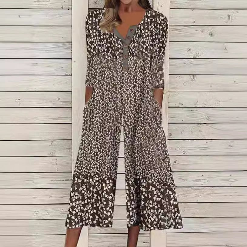 MODEGEIST Damen Jumpsuit Blätterdruck V-Ausschnitt Wide-Leg