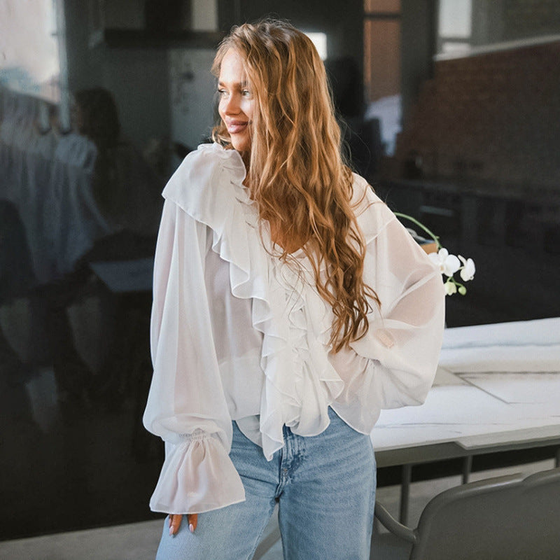 Damen Luftige Rüschenbluse aus Chiffon mit Oversize-Schnitten ModeGeist